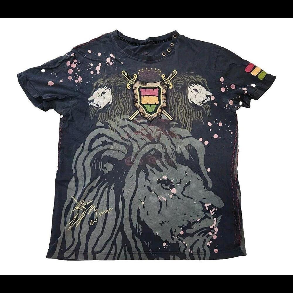 Rebel Spirit Shirt Mens LARGE Distressed Grunge Rasta Lion Leader